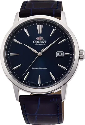 A close-up studio shot of an Orient automatic watch with a blue dial and a dark blue leather strap.