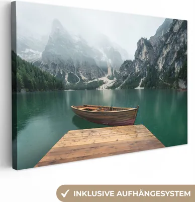 Produktbild von MuchoWow® - Leinwandbilder - Nebel - Schnee - Berg - Boot, Wandbild, Wanddeko Bilder Wohnzimmer, 90x60 cm