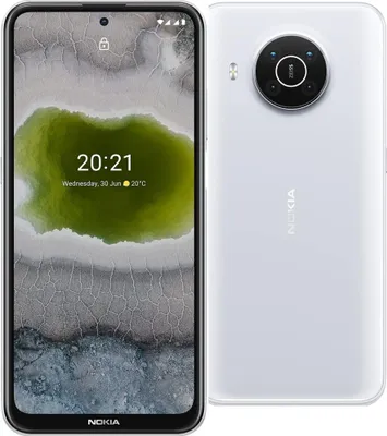 A white Nokia smartphone is shown from the front and back, with the screen displaying the time and date.
