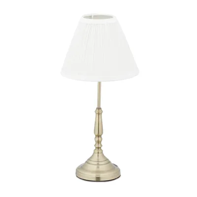 Image de Lampe de table Relaxdays, abat-jour en tissu, style vintage, culot E14, salon et chambre à coucher, lampe de chevet, métal, dimensions 43 x 21 cm, blanc/doré