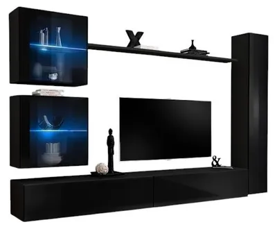 Productafbeelding van Wandcompositie SWITCH XVIII zwevend tv-meubel in hoogglans zwart met vitrinekasten