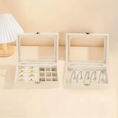 Produktbild von Schmuckkasten, 2er Set-Schmuckschatulle, mit Glasdeckel, herausnehmbaren Trennwände, Schmuckkästchen mit Sichtfenster, Schmuckbox für Ketten Ohrringe