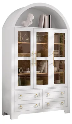Productafbeelding van Moonbite dressoir, hoge kast, wit, 185 cm, met glazen deuren, opbergkast met boogvormig vak, 3 deuren en 4 lades, gemaakt van MDF-plaat en spaanplaat, wit