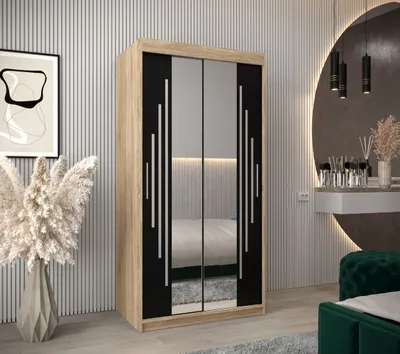 Produktbild von Kleiderschrank mit Spiegel VIVI – Breite 100 cm, Eiche sonoma / schwarz