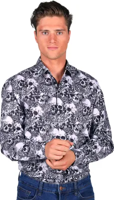 Produktbild von T3895-BLWH-37-38 schwarz-weiß Mexican Skull Herren Hemd-Bluse Tag der Toten Herrenhemd mit Totenköpfe Gr.37-38