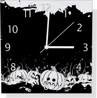 Produktbild von Wallario Design Wanduhr Halloween - Kürbisse und Fledermäuse in schwarz-weiß, Comic Stil aus Aluverbund, Größe 30 x 30 cm