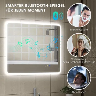 Produktbild von Badspiegel LED 90x70 cm dimmbar, 3 Lichtfarben, Bluetooth, beschlagfrei, silber
