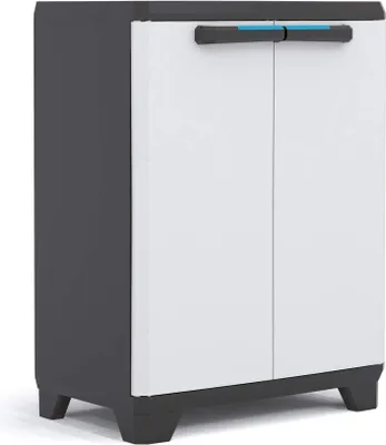 Produktbild von Keter Linear Kunststoffschrank, niedrig, hellgrau/schwarz/blau, 68 x 39 x 90 cm