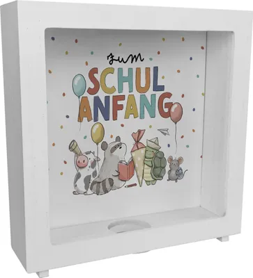 Produktbild von Tiere zur Einschulung Rahmen Spardose aus Holz mit Spruch Zum Schulanfang