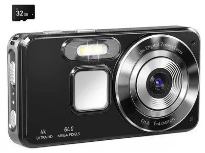 Produktbild von 4K Digitalkamera 64MP schwarz – 18-fach Zoom, 2,8" Display, 32GB Karte | Für Anfänger & Kinder