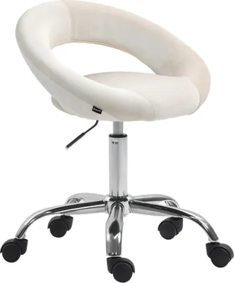 A cream-colored velvet office chair with a silver base and casters, isolated on a white background.