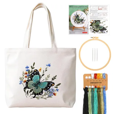 Produktbild von Kreuzstich Set Stickset Stickpackung - Vorgedruckte Leinwandtasche mit Schmetterlingsmotiv - Für Anfänger