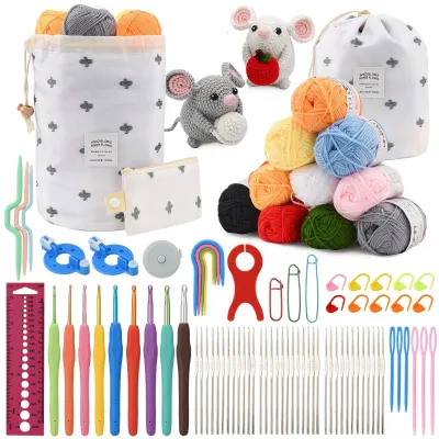 Image de Kit de crochet - Kit de 64 pièces - Avec du fil - Crochets - Accessoires de tricot - Sac de rangement
