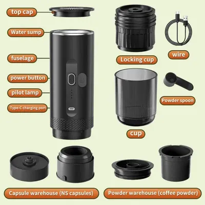 Produktbild von Tragbare Espressomaschine - 2-in-1 Kaffeemaschine - Kabellos - Für Kapseln und Kaffeepulver - Für Auto und Zuhause - Camping - Schwarz