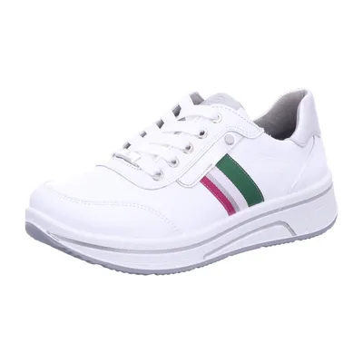 A white sneaker with green and pink stripes on a white background.