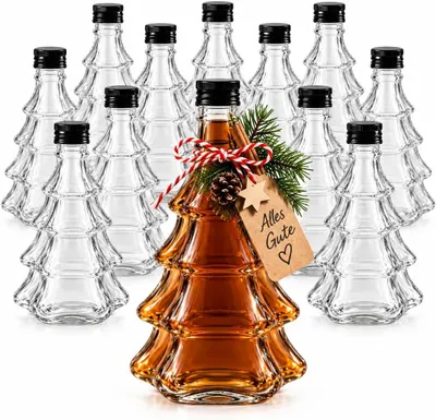 Produktbild von 12 x Tannenbaum Likörflasche 300 ml aus Glas mit Schraubverschluss – Weihnachtsflasche für Likör, Schnaps und Spirituosen
