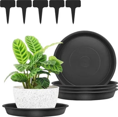 Produktbild von Famanu Set von 5 Blumentopfuntersetzern und Pflanzenlabels für Innen- und Außenbereich, Schwarz, 19 cm
