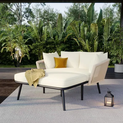 Image de Canapé de jardin avec 2 coussins et housses, chaise longue d'extérieur, coussins amovibles et lavables, beige