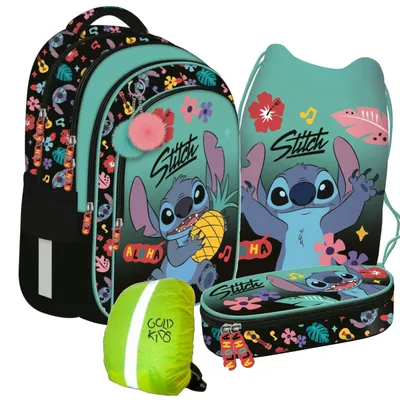 Produktbild von Schulranzen für Jungen und Mädchen, 4er-Set - Schul-Rucksack für Kinder mit Schlampermäppchen- Schuhbeutel und Regenschutz - Stitch Motiv
