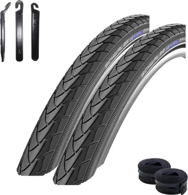 Produktbild von maxxi4you 2 x Schwalbe Marathon PLUS Performance SmartGuard E-50 Fahrradreifen Fahrradmantel Drahtreifen schwarz 47-406 (20 x 175) + 2 x Schläuche AV7 inkl. maxxi4you Reifenheber