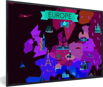 Produktbild von MuchoWow® Gerahmtes Poster Karte - Europa - Architektur 60x40 cm - Poster mit Schwarzem Bilderrahmen Wandposter Rahmen Foto Bilder - Printing - Wanddeko Schlafzimmer