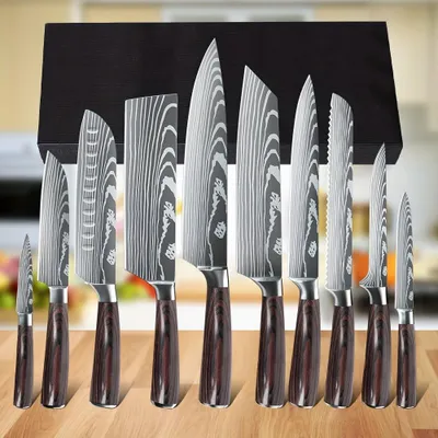 Immagine prodotto di Set di coltelli da cucina - Coltelli da chef - Santoku - Coltelli da ufficio - Set da 10 pezzi - Acciaio inossidabile ad alto tenore di carbonio