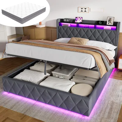 Produktbild von MODFU Polsterbett 160 × 200 Samt mit Matratze,Doppelbett mit hydraulischem Stauraum, Funktionsbett Jugendbett mit LED und Rauten-Kopfteil, Grau