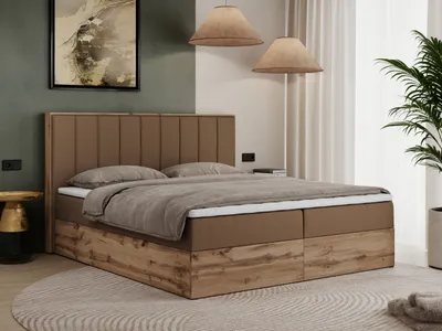 Produktbild von MKS MEBLE Boxspringbett 180x200 mit Bettkasten Eiche, Polsterbett 180x200 mit Matratze H3, Bett 180x200 mit Kopfteil, Bett mit Holzrahmen in Wotan Eiche - Braun Kunstleder - Bellissimo