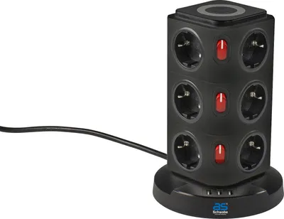 Produktbild von as-Schwabe Steckdosentower 12-fach 230V/16A QI-Wireless Ladestation 1,5m Schwarz