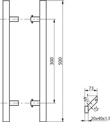 Zdjęcie produktu dla Dwustronny uchwyt drzwiowy, zakrzywiony (45 stopni), L=500 mm, X=300 mm, prostokątny, stal nierdzewna