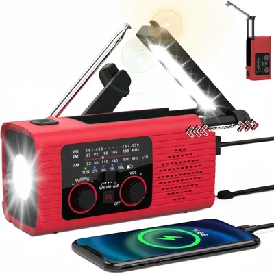 Produktbild von Solar Radio, Kurbelradio mit LED-Beleuchtung, AM/FM Radio mit 4000-mAh-Akku, USB-C, Powerbank-Funktion, Notfallradio, Alarmanlage, 3-Wege-Aufladung