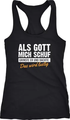 Produktbild von Damen Tanktop Als Gott mich schuf grinste er Fun-Shirt Spruch Statement Ironie Racerback Moonworks® schwarz S