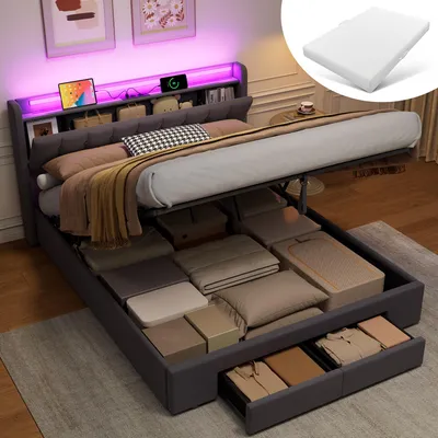 Obrázek produktu pro MODFU Čalouněná postel 160×200, postel pro mládež s matrací, LED světlo a zásuvky, boxspring postel s úložným prostorem a zásuvkami, šedá