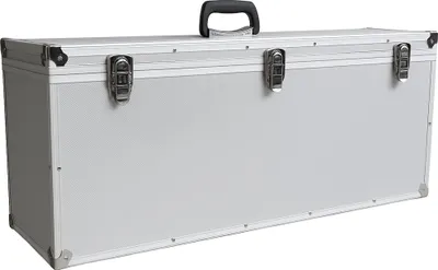 A silver aluminum case with a black handle and metal latches, shown from a slightly angled front view on a white background.