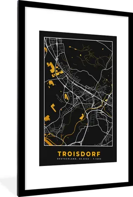 Produktbild von MuchoWow® Gerahmtes Poster Stadtplan - Karte - Deutschland - Troisdorf - Karte 60x90 cm - Poster mit Schwarzem Bilderrahmen Wandposter Rahmen Foto Bilder - Dekoration - Wandposter Wohnzimmer - Hochwertig