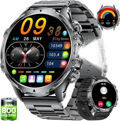 A close-up shot of a LIGE smartwatch with various features displayed on its screen, along with a separate image of the watch and a battery icon.