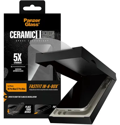 Produktbild von PanzerGlass ® Ceramic Displayschutz iPhone 18 Pro Max | 17 Pro Max Ultra-Wide Fit m. FASTFIT IN-A-BOX, Apple - iPhone 18 Pro Max, Apple - iPhone 17 Pro Max, Trockene Anwendung, Kratzresistent, Schockresistent, Transparent, 1 Stück(e)