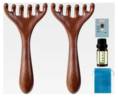 Produktbild von Massagekamm mit sechs Krallen, Meridian Kamm mit langem Griff, Kopfhautmassagegerät, Gua Sha Kamm, Holzkamm für Kopfhaut, Kopf, Nacken, Gesicht