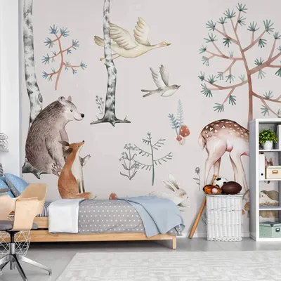 Produktbild von Vlies Fototapete - Forest Land With Animals Painted in Watercolours 450x315 cm Für Kinder e-C-10094-a-a