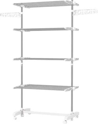 Produktbild von Mobiler Wäscheständer mit Rollen, 4 Ebenen, klappbar, Edelstahl, rostfrei, weiß+silber, 142 x 55 x 172 cm