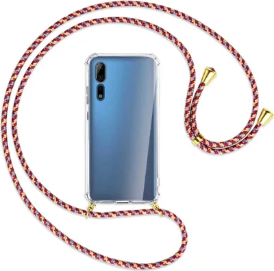 Produktbild von Handykette Backcover-Schutzhülle mit Band (Metall goldfarben) für ZTE Axon 10 Pro - weinrot/gelb/grau