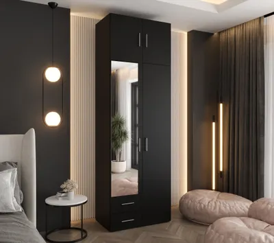 Produktbild von Drehtürenschrank 242x80x48 cm Schwarz mit Spiegel, Aufsatz und 2 Schubladen – Moderner Kleiderschrank mit viel Stauraum für Schlafzimmer und Flur