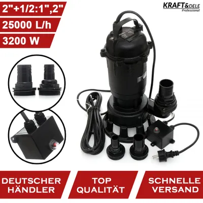 A submersible pump with accessories and marketing text.