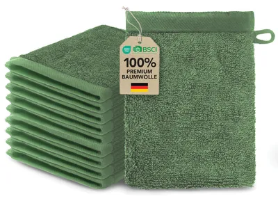 Produktbild von Ôhm Set 10er Waschhandschuh 15x20 cm – 100% Baumwolle 500 g/m² Tannengrün – extra weich & saugstark –