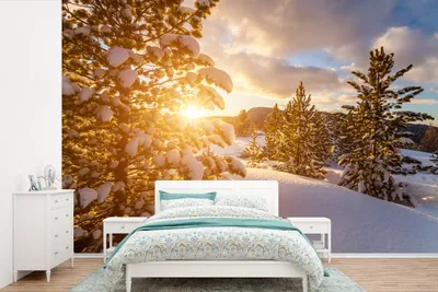 Produktbild von MuchoWow® Fototapete für Wohnzimmer oder Schlafzimmer Wandtapete Vinyl Motivtapete Eine Winterlandschaft bei Sonnenuntergang - 450x300 cm - Gemusterte