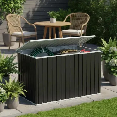Produktbild von Aufbewahrungsbox für außen - Wasserdichte Gartenbox - Verzinkter Stahl und Kunststoff - Großes Volumen 129x67x65 cm - Deckel mit Scharnieren - Schwarz