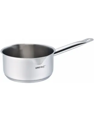 A stainless steel saucepan with a single handle is shown against a white background.
