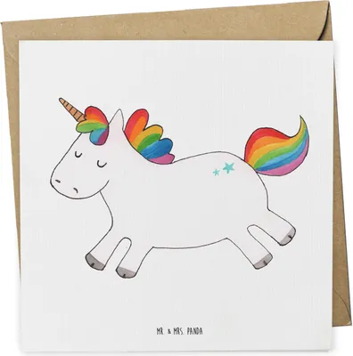 Produktbild von Mr. & Mrs. Panda Klappkarte Einhorn Happy - Weiß - Geschenk, Einhörner, Glückwunschkarte, faltkarte, Lachen, Grußkarte, doppelkarte, Unicorn, Lebensfreude, anlasskarte