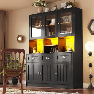 Image de Armoire de cuisine Vicco 140 x 40 x 175 cm avec éclairage LED, buffet blanc et noir, armoire haute avec portes en verre acrylique, étagères réglables, armoire à provisions moderne et buffet