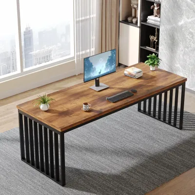 Image de Bureau pour 2 personnes - Bureau double - 180 cm de long - Rectangulaire - Structure métallique avec plateau en bois - Style industriel - Marron